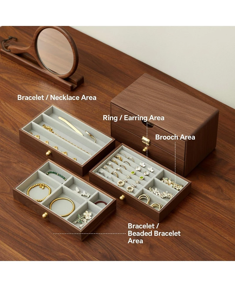 Yigii Solid Black Walnut Jewelry Organizer Box 3 Drawers Velvet Lined Brass Handles Large Storage