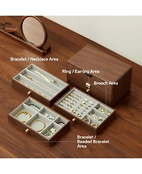 Yigii Solid Black Walnut Jewelry Organizer Box 3 Drawers Velvet Lined Brass Handles Large Storage