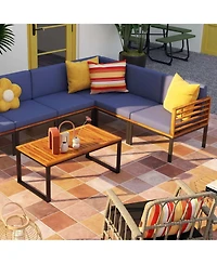 Sugift 3-Piece Patio Rattan Bistro Dining Set with Teak Wood Side Table