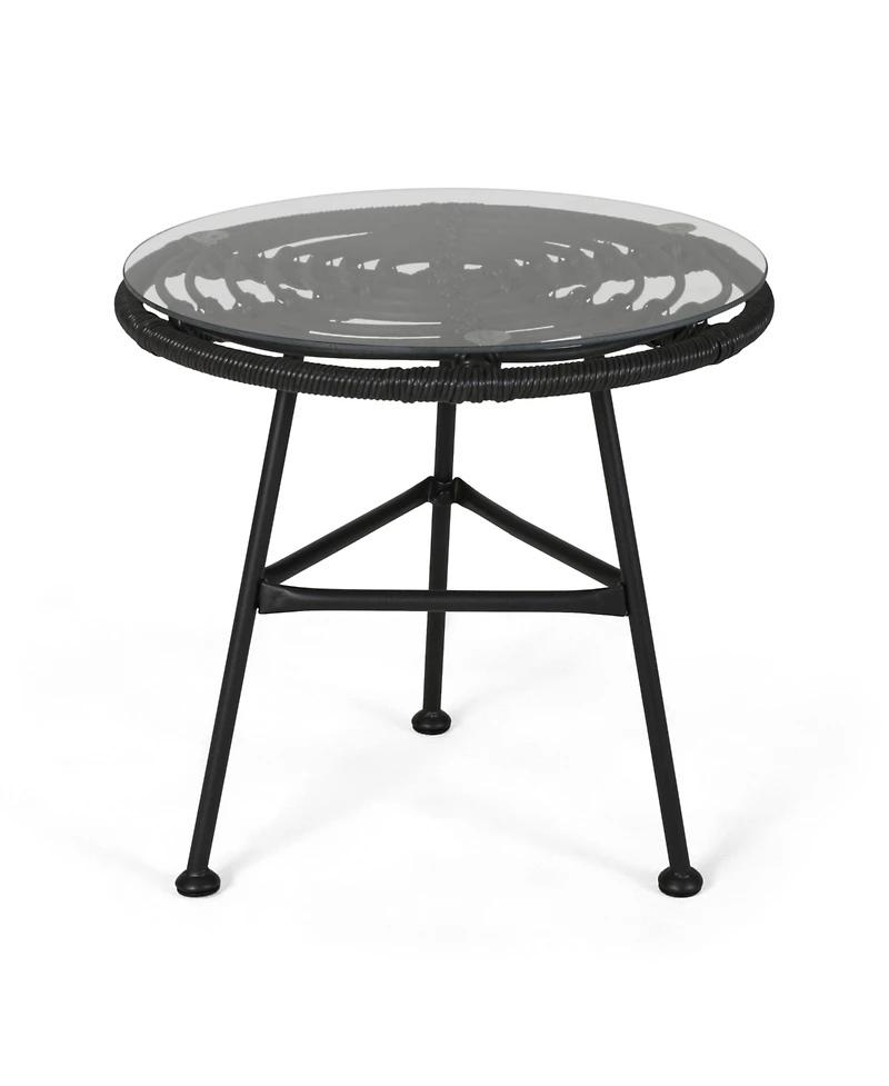Mondawe Outdoor Side Table with Tempered Glass Top and Faux Rattan