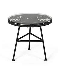 Mondawe Outdoor Side Table with Tempered Glass Top and Faux Rattan