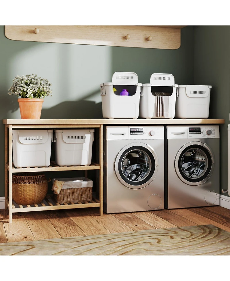 Gouun 3-Piece Stackable Pp Storage Bins with Front Door and Side Handles, 32 Qt Each