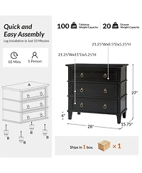 Hulala Home Allisa 28"W 3-Drawer Solid Wood End Table with Built-in Charging Station