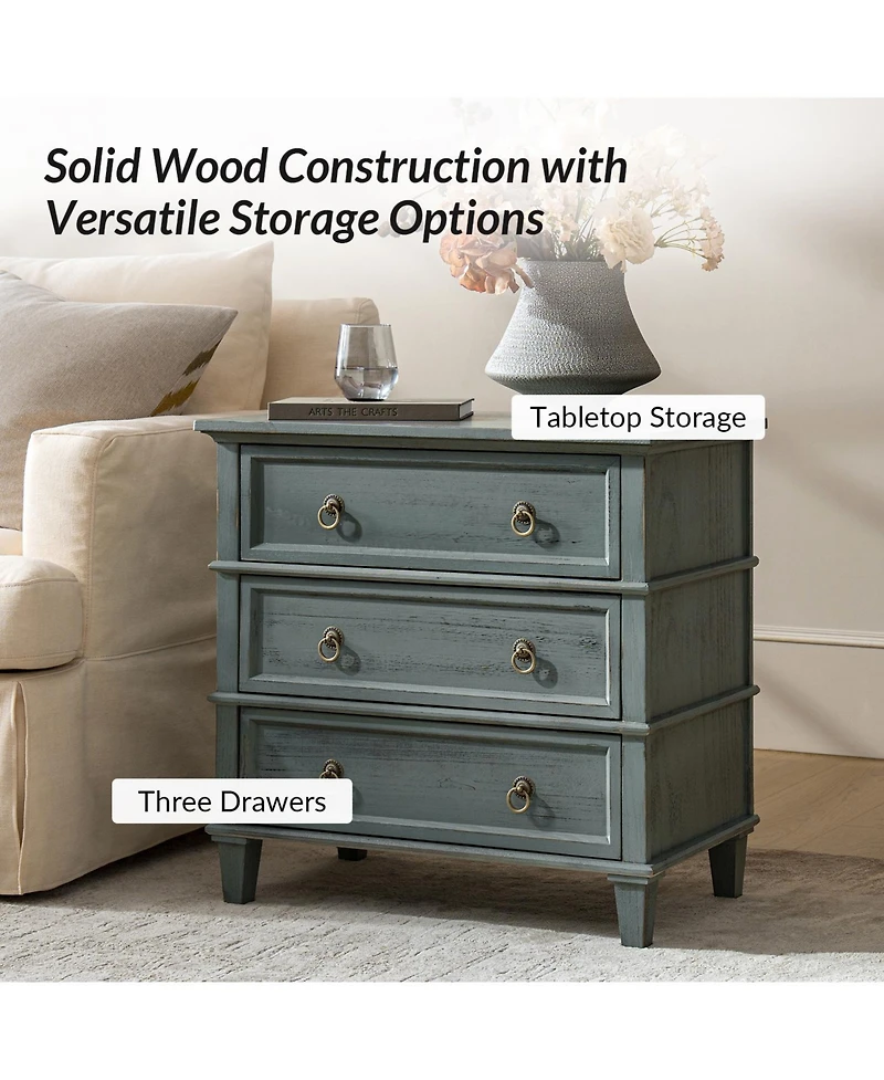 Hulala Home Allisa 28"W 3-Drawer Solid Wood End Table with Built-in Charging Station