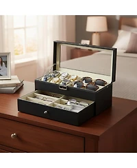 Yigii Leather 6 Watch Box 9 Eyeglasses Storage Lockable Organizer Two Levels Clear Glass Top