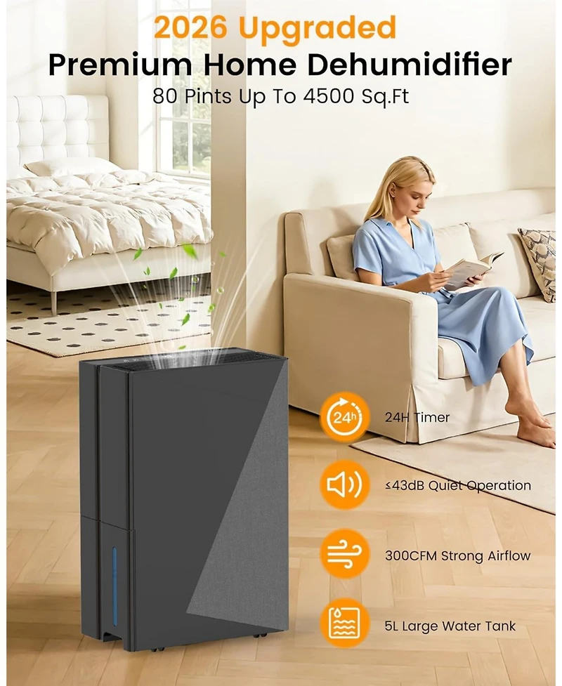 Cowsar 80 Pint Dehumidifier for 4500 Square. Feet, Energy Star, with Drain Hose