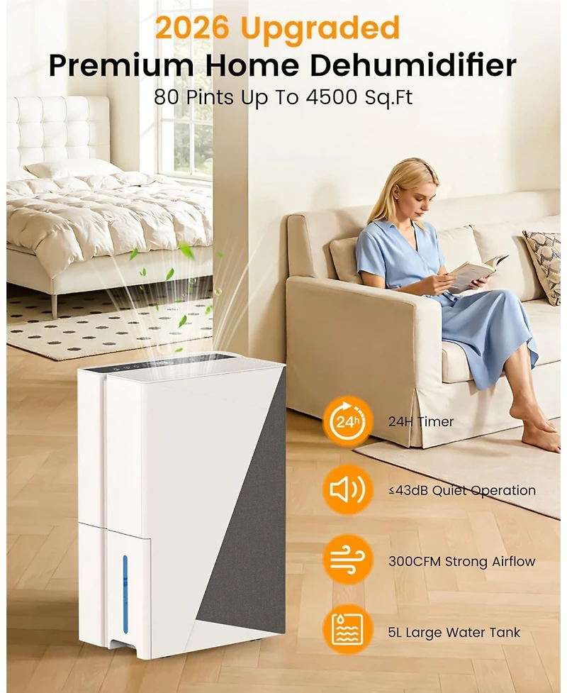 Cowsar 80 Pint Dehumidifier for 4500 Sq. Ft, Energy Star, with Drain Hose