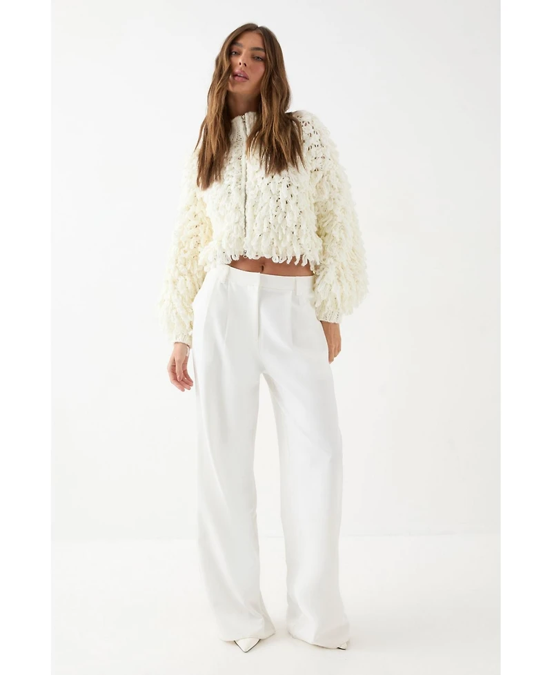 MissPap Women's Zip Up Cream Fringe Loop Cardigan