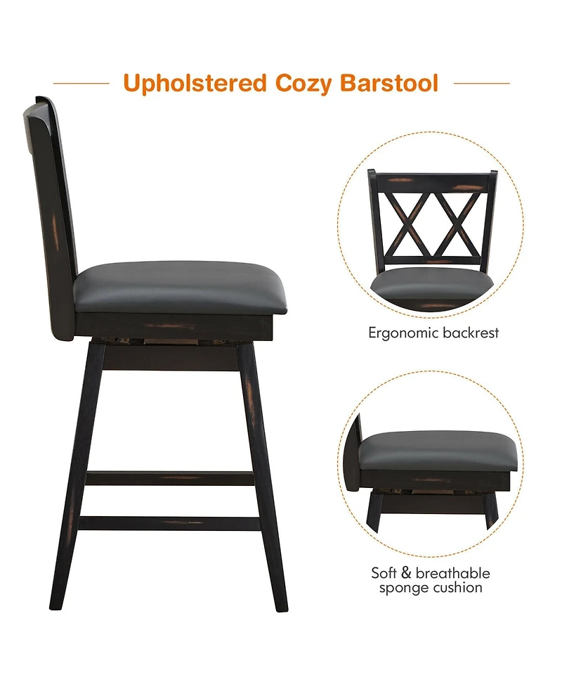 Gymax Set of Barstools Swivel Counter Height Chairs with Rubber Wood Legs