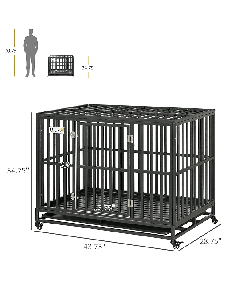 Aostirmotor Heavy Duty Metal Dog Crate Kennel with Lockable Wheels, Slide-Out Tray and Anti-Pinch Floor