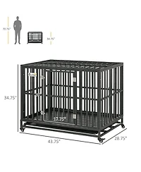 Aostirmotor Heavy Duty Metal Dog Crate Kennel with Lockable Wheels, Slide-Out Tray and Anti-Pinch Floor