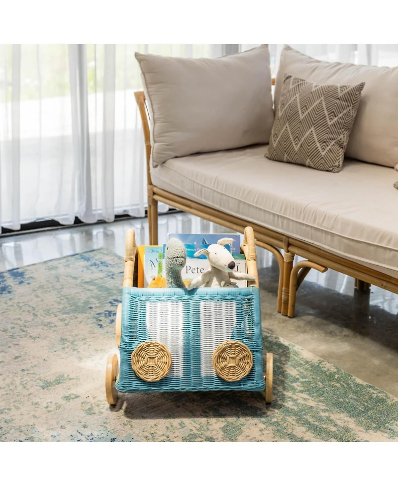 Momiji Archie Handcrafted Rattan Storage Wicker Wagon with Wooden Wheels