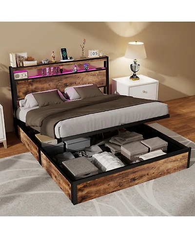Lucky One Full Size Rustic Hydraulic Lift Storage Bed Frame - Metal Noise-Free Structure + Rgb Led