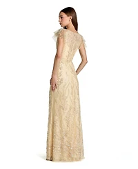 Mac Duggal Women's V Neck Flutter Sleeve Embroidered Lace Gown