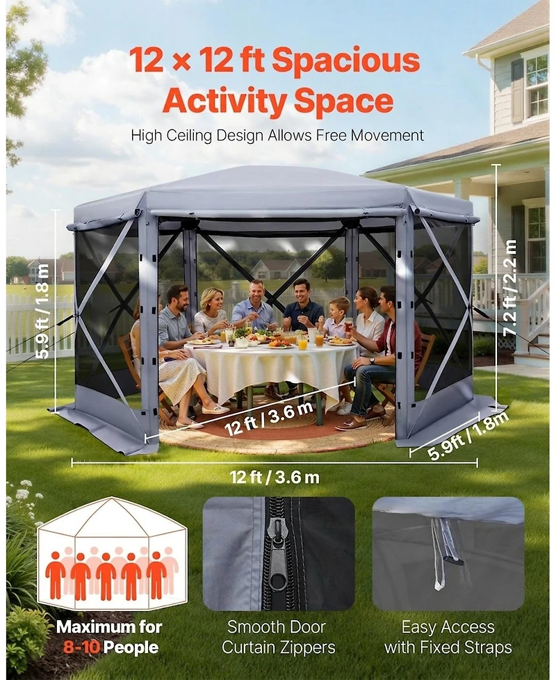 Gouun Pop Up 6-Sided Gazebo Screen Tent 12x12 ft with Removable Top, Carry Bag and Mosquito Netting