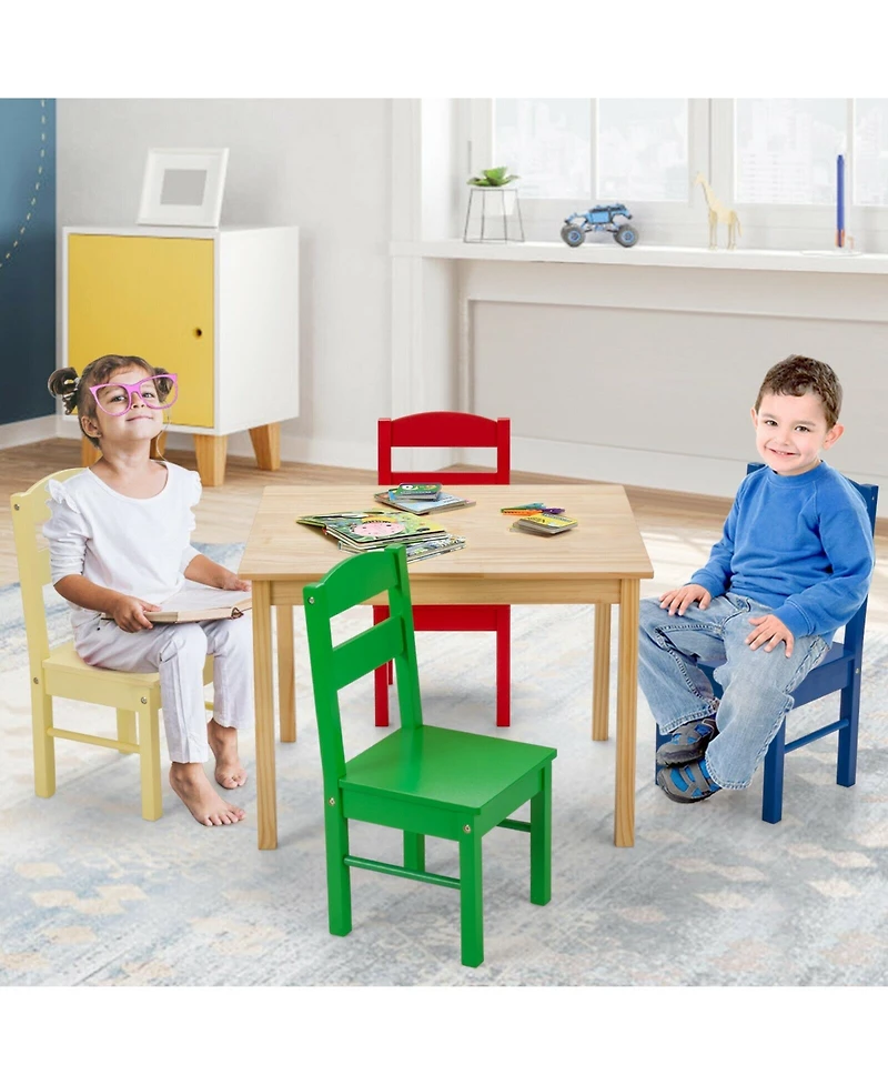 Sugift 5 pcs Kids Pine Wood Multicolor Table Chair Set