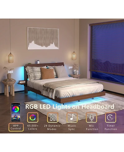 Lucky One Floating Bed Frame Queen with Led Lights and Charging Station