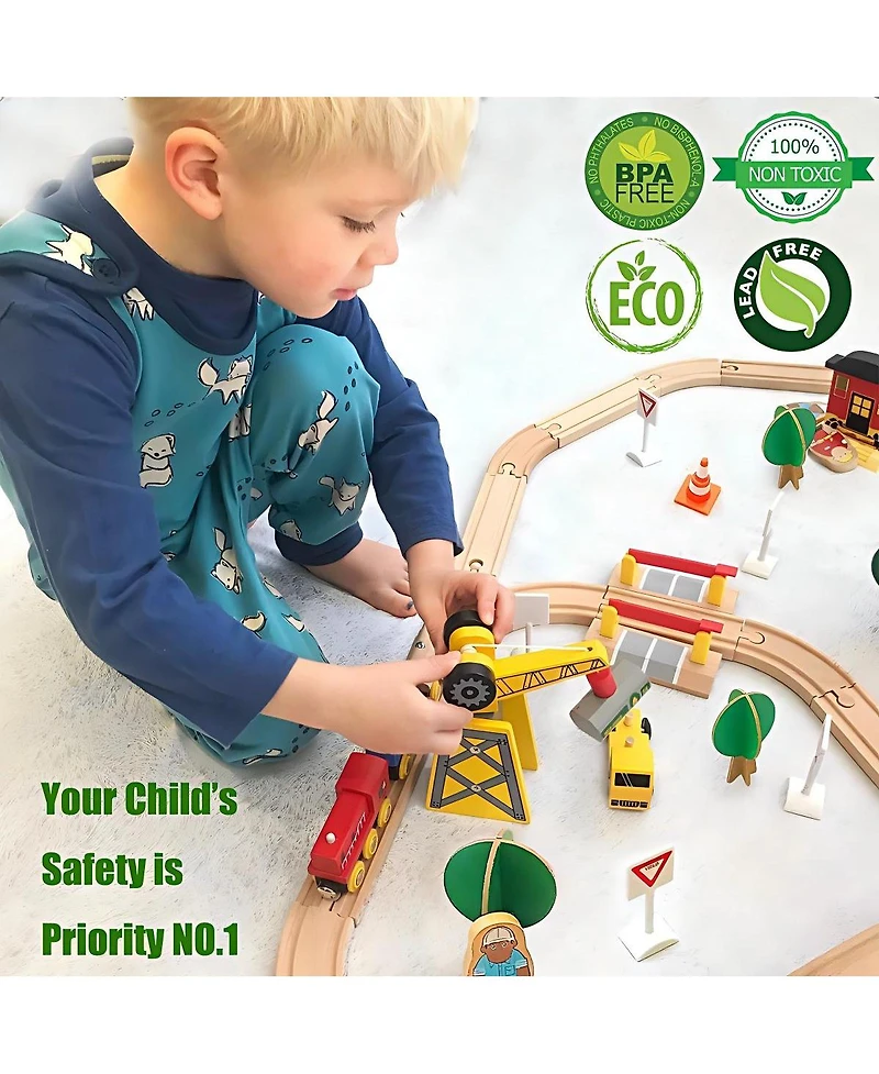 Tiny Land Wooden Track Trains Set for Kids 55 Pcs