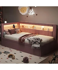 Rainsken Upholstered Daybed with Trundle, Built-in Usb Ports and Led, L-Shaped Day Bed