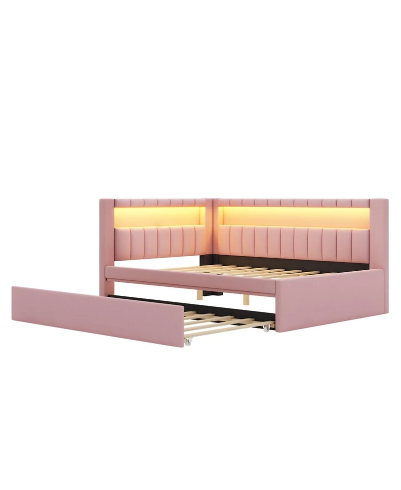 Rainsken Upholstered Daybed with Trundle, Built-in Usb Ports and Led, L-Shaped Day Bed, for Bedroom Living Room