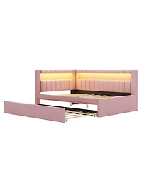 Rainsken Upholstered Daybed with Trundle, Built-in Usb Ports and Led, L-Shaped Day Bed, for Bedroom Living Room