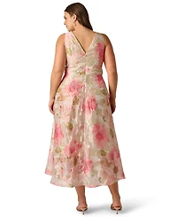 Adrianna Papell Plus Cascade Organza V-Neck Midi Dress