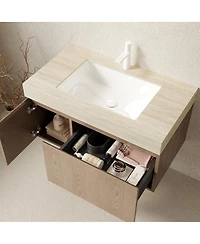Sillysis Wall Mount Bathroom Vanity with Travertine Sintered Stone Top, Ceramic Undermount Sink, Soft Close Cabinet