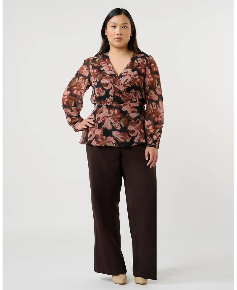 Estelle Plus Natalia Floral V-Neck Long Sleeve Peplum Top