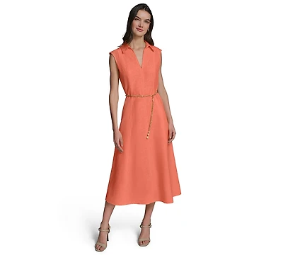 Karl Lagerfeld Paris Women's Collared Chain Belt Midi Dress