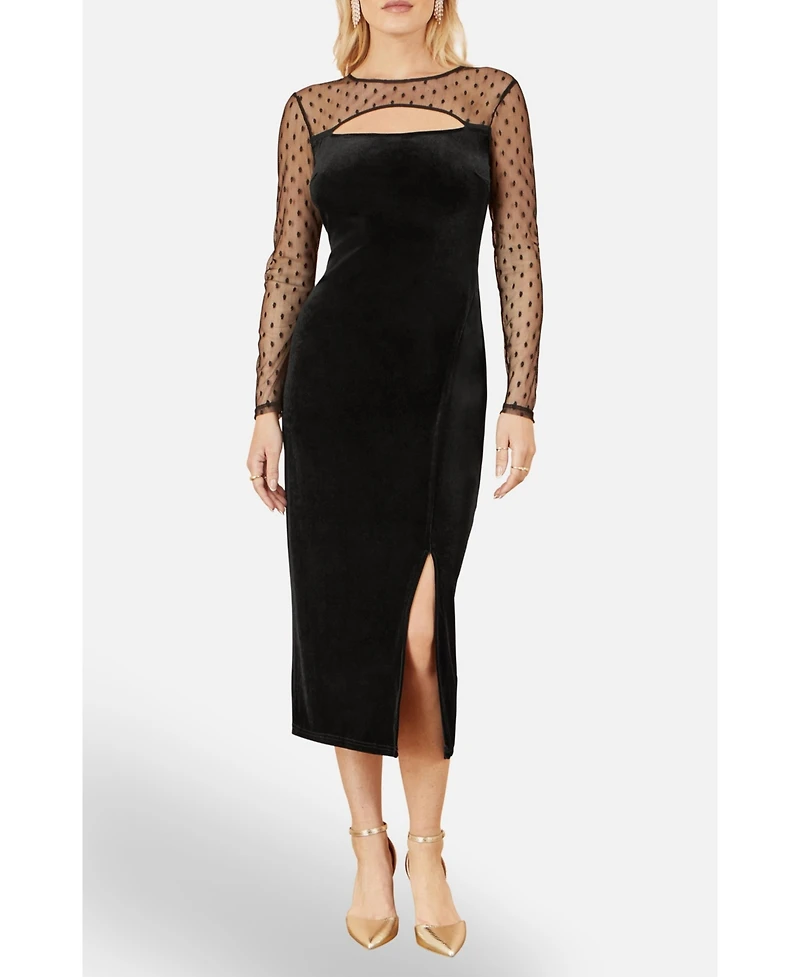 Yumi Women's Velvet With Slash Neckline Midi Dress