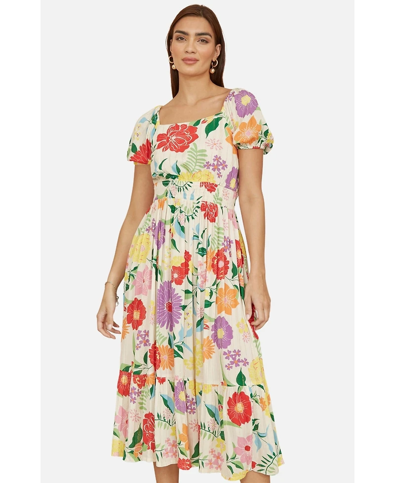 Yumi Women's Short Sleeve Square Neck Midi Dress