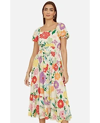 Yumi Women's Short Sleeve Square Neck Midi Dress