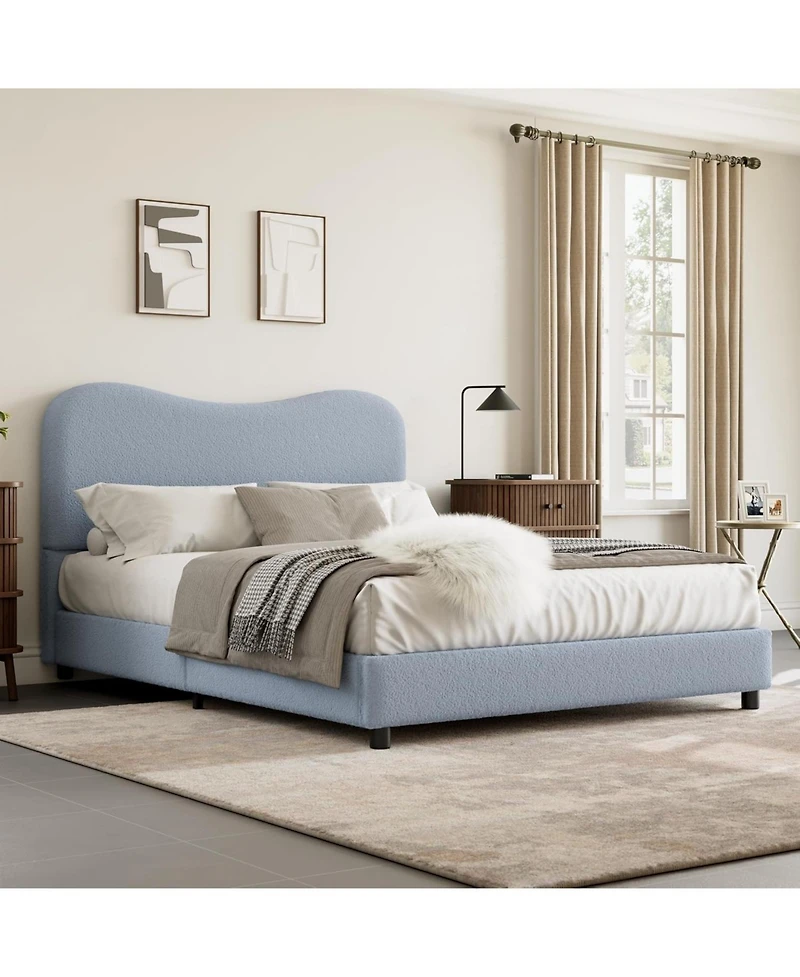 gaomon Boucle Bed Frame with Upholstered Headboard, Soft Low Profile Sturdy Platform Rounded Corners Design