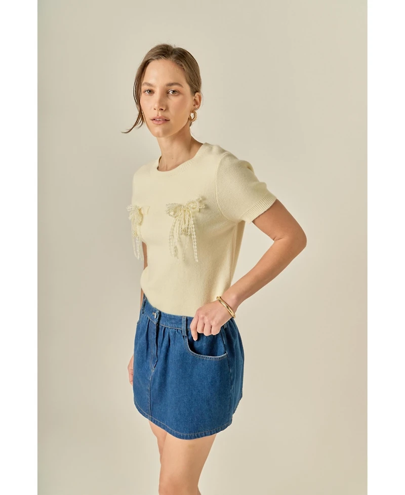 English Factory Women's Short Sleeve Knit Top with Bow Detail
