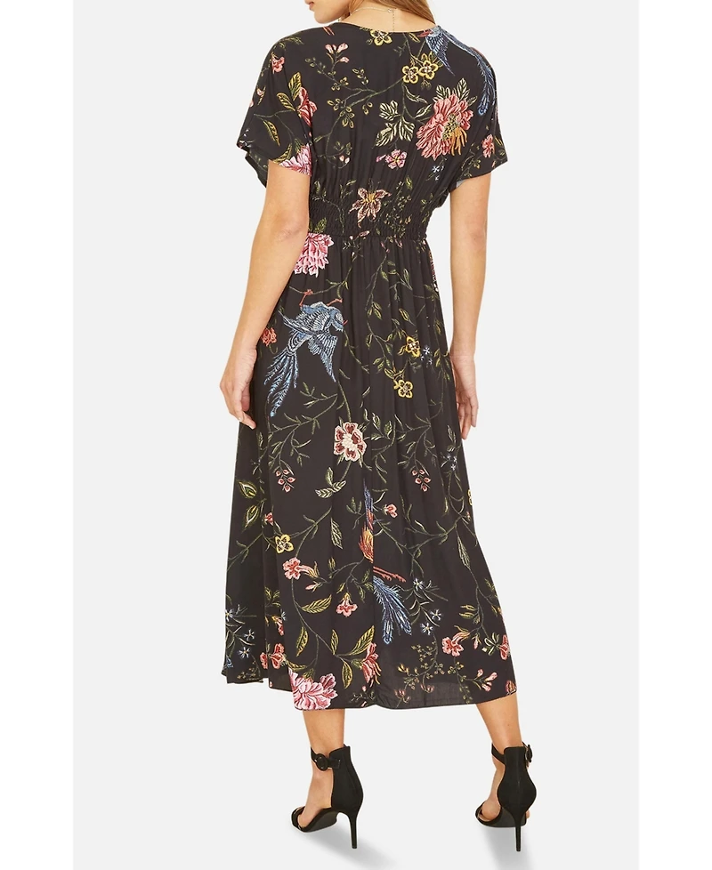 Yumi Women's Short Sleeve V-Neck Ruched Midi Dress