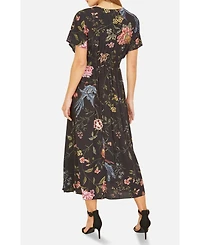 Yumi Women's Short Sleeve V-Neck Ruched Midi Dress