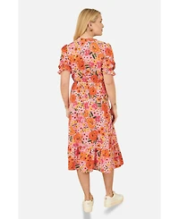 Yumi Women's Short Sleeve V-Neck Printed Midi Dress