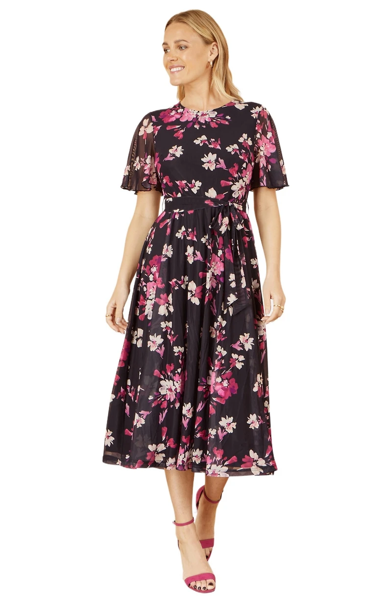 Yumi Women's Mesh Skater Floral Midi Dress