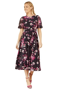 Yumi Women's Mesh Skater Floral Midi Dress