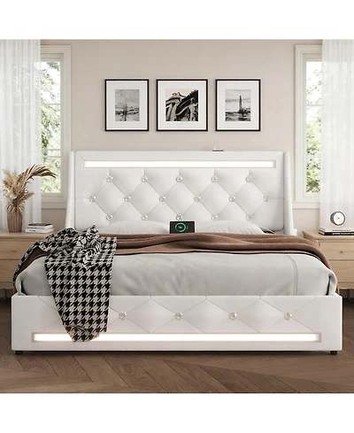 Lucky One Queen Size Bed Frame with Wingback Upholstered Diamond Headboard and 2 Storage Drawers