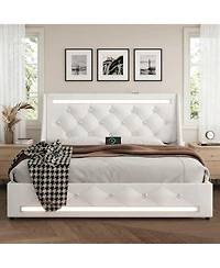 Lucky One Queen Size Bed Frame with Wingback Upholstered Diamond Headboard and 2 Storage Drawers