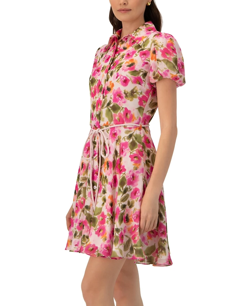 Ivonne Women's Short Floral Shirt Dress with Waist Tie