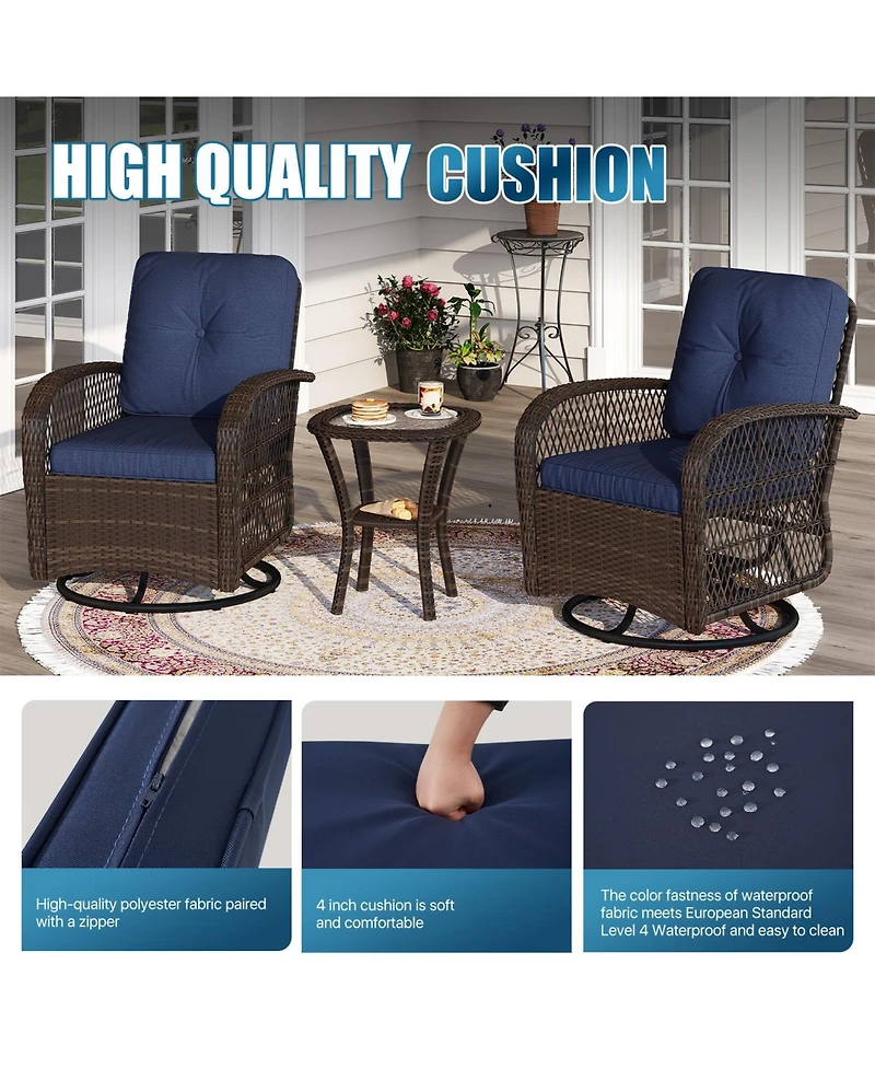 Aoxun Indoor Swivel Glider Chair 3 Piece Set Wicker Rattan Living Room Furniture with Glass Top Side Table