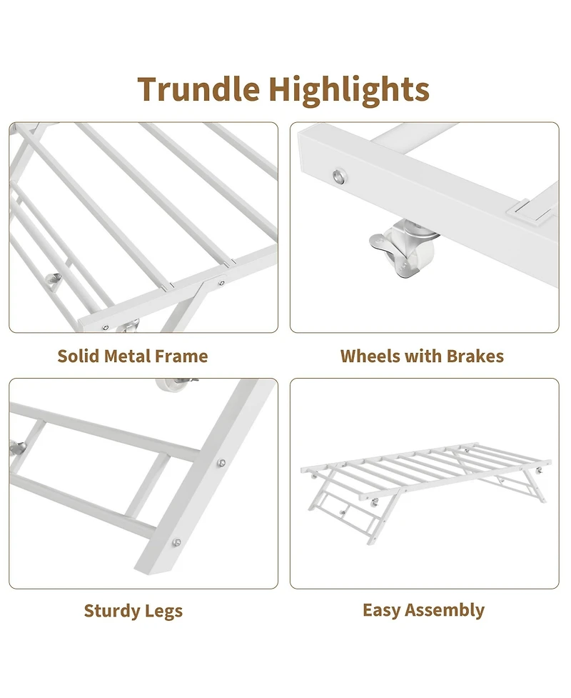 Homfan Pop Up Trundle Bed Frame with Metal Slats, Locking Casters and Folding Legs