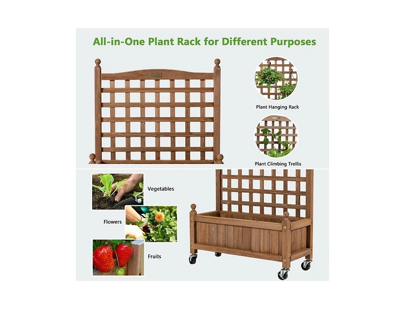 Lucky One 32 Inch Wooden Planter Box with Trellis and Wheels, Raised Garden Bed