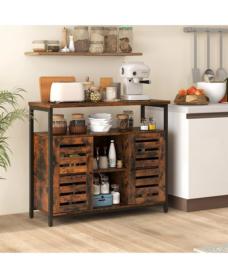 Gouun Industrial Sideboard Buffet Cabinet with Slatted Doors and Adjustable Shelves