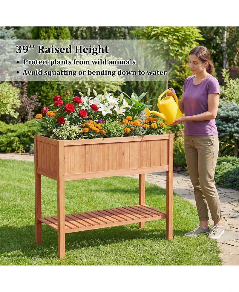 Gymax 2PCS Wooden Raised Garden Bed w/ Legs Liner Storage Shelf Large Planter Box