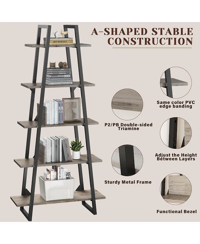 gaomon Tall Narrow 5-Tier Industrial Ladder Bookcase, Wood and Metal Storage Organizer