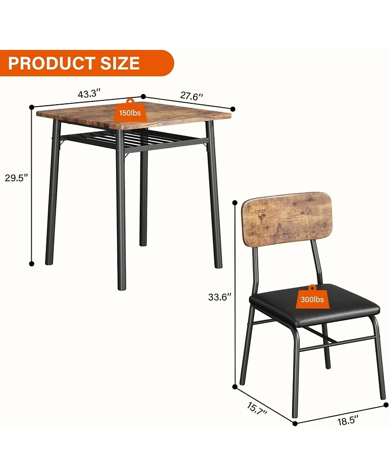 gaomon 3-Piece Square Dining Set for 2 with Storage, Metal Frame Table and 2 Upholstered Chairs