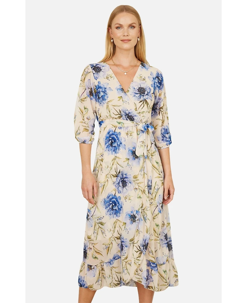 Yumi Women's 3/4 Sleeve V-Neck Wrap Midi Dress